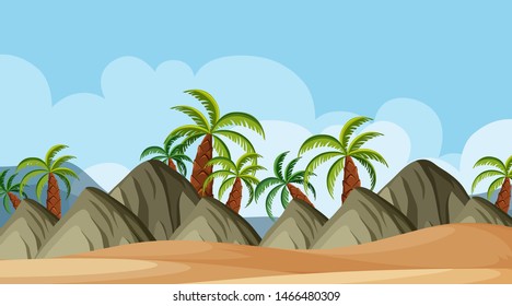 Diseño de fondo paisajístico de las montañas y la ilustración de la playa