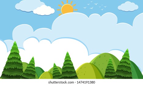 Diseño de fondo paisajístico en la ilustración de montañas y árboles