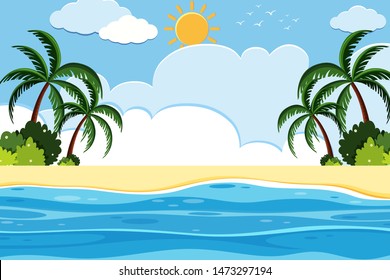 Landscape background design with ocean and sun illustration