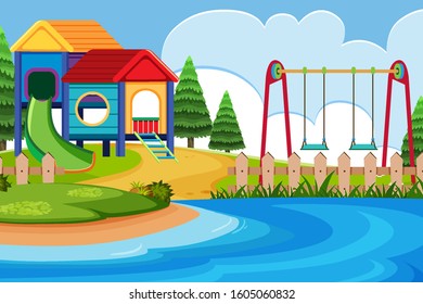Landscape background design with playground and river illustration