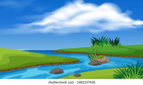 Landscape background design with river and green field illustration