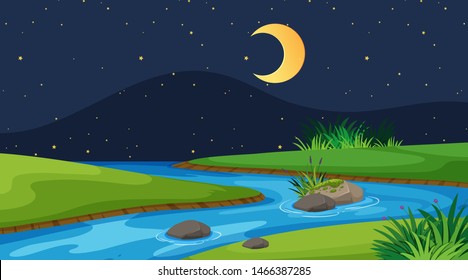 Landscape background design of river at night illustration