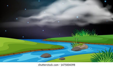 Landscape background design of river at night illustration