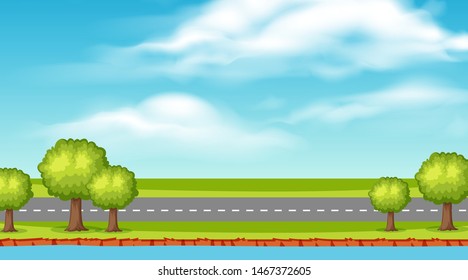 Landscape background design of road along river illustration