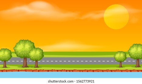 Diseño de fondo paisajístico de la carretera al atardecer