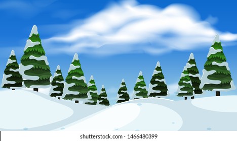 Landscape background design of snow on trees illustration