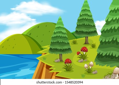 Diseño de fondo paisajístico con árboles en ilustración de montaña