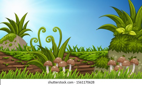 Diseño de fondo paisajístico de troncos de madera con hongos, ilustración