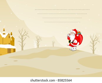 landscape background with dry tree, house and santa claus holding gift bag vector card for xmas celebration