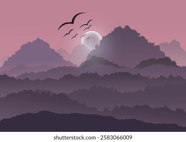 Landscape background, dusk atmosphere, flock of birds returning home, gradient purple tone, vector illustration for background design, create brochure, report cover.