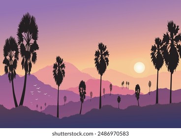 Landscape background, evening atmosphere approaching dusk, birds flying home and the sun setting, dark gradient on purple background, vector illustration for background design.