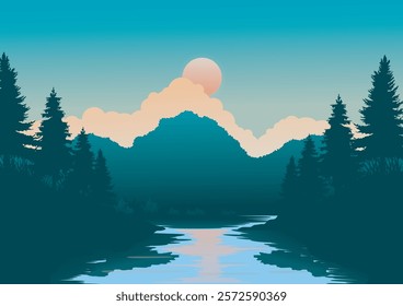 Landscape background, evening atmosphere, sunset in beautiful forest, quiet river, vector illustration for design background, brochure, travel advertisement.