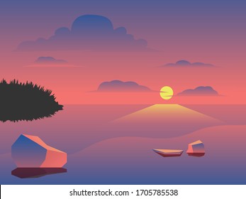 landscape background. Evening or morning view Cartoon vector illustration. Sunset or sunrise in ocean, nature pink clouds flying in sky to shining sun above sea with rocks sticking up of water surface