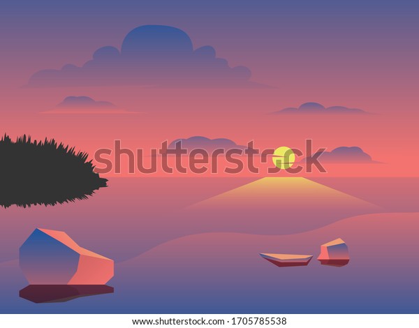 風景の背景 夕方または朝のビューのカートーンベクターイラスト 海の夕日や日の出 自然のピンクの雲が空を飛び 海の上に輝く太陽と岩が水面に浮かぶ のベクター画像素材 ロイヤリティフリー