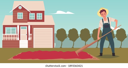 Landscape background with farmer drying coffee beans, flat vector illustration. Banner depicting coffee production process and grain processing stage.