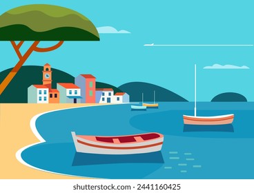 landscape background with fishing boats  and seaside town