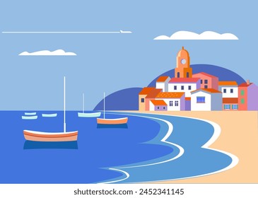 fondo de paisaje con barcos de pesca y ciudad costera