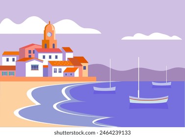 fondo de paisaje con barcos de pesca y ciudad costera