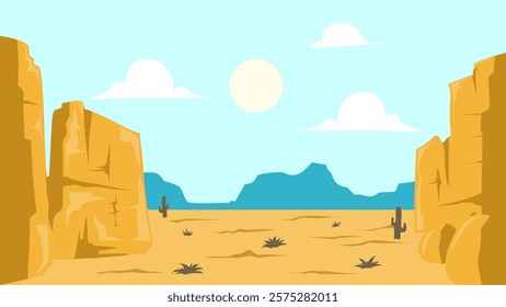 landscape background, Flat style desert landscape with towering rock formations, cacti, and clear blue sky