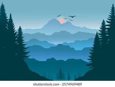 Landscape background, forest moisture, wonderful, birds flying out to find food, using natural warm colors, vector illustration for background design, create travel brochure.