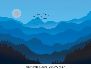 Landscape background, forest, mountains and birds flying out to find food, welcome the sun with a bright new day, vector illustration for travel advertising design, create a brochure.