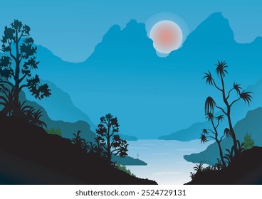 Landscape background, forest, mountains and fresh river, welcome to the new morning, gradient green color for nature, vector illustration for background design, report cover creation.