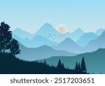 Landscape background, forest, mountains and rivers, the freshness that nature gives, soft gradient on a soft background, vector illustration for background design, create a report cover.