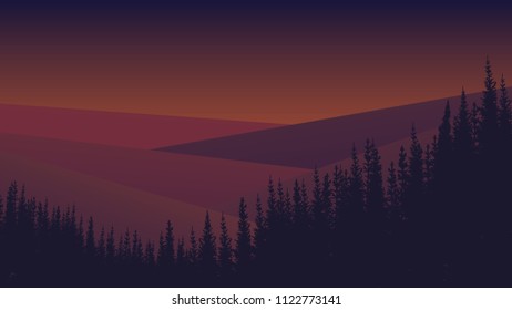 Landscape background with forest and silhouettes of hills. Vector illustration
