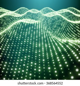 Landscape Background. Futuristic Landscape with Shiny Grid. Low Poly Terrain. 3D Wireframe Terrain. Network Abstract Background. Cyberspace Grid. Technology Vector Illustration of Low-Poly Landscape