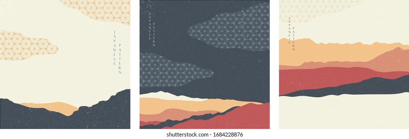 Landscape background with geometric pattern vector. Curve elements. Japanese  cover page design.