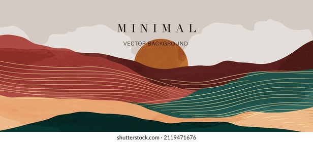 Landscape background with golden line wave pattern vector. Abstract Mountain and sun with watercolor texture banner. Design for wallpaper, prints, wall art.