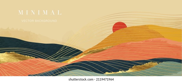 Landscape background with golden line wave pattern vector. Abstract Mountain and sun with watercolor texture banner. Design for wallpaper, prints, wall art.