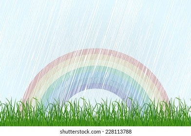 Landscape background with grass and rainbow. Vector Illustration