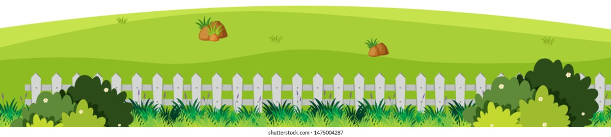 Landscape background with green field and fence illustration