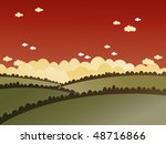 landscape background with green fields and red sky