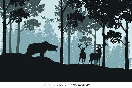 Landscape background with green forest, deer, bear, and flying birds