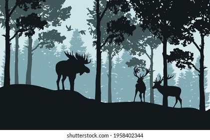 Landscape background with green forest, deers, moose, and flying birds