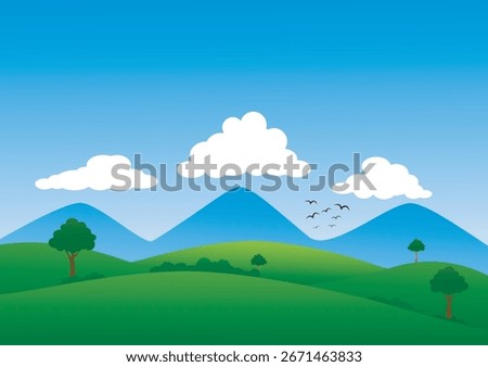 Landscape background, green grass field as far as the eye can see, flock of birds flying through white clouds, on a blue background, vector illustration for background design.