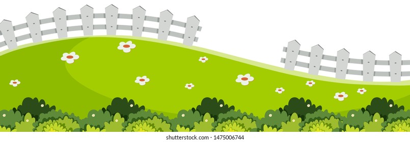 Landscape background with green grass and white fence illustration