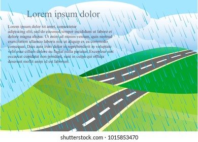 Landscape background with green heals and grey road, white clouds, rain drops, Lorem Ipsum stock vector illustration