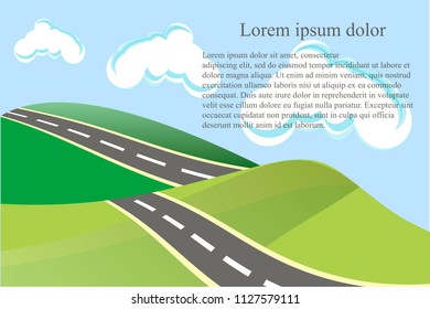 Landscape background with green heels and grey road, white clouds, Lorem Ipsum stock vector illustration for web, for print