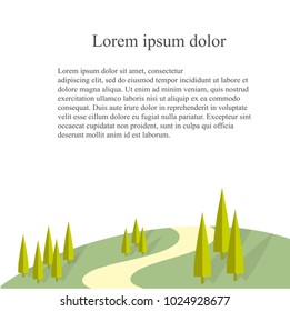 Landscape background with green heels, trees, road Lorem Ipsum on white stock vector illustration