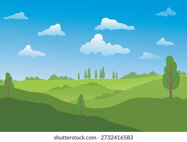 Landschaftlicher Hintergrund, grüne Wiesen am blauen Himmel, schön und fröhlich, überwiegend in Grüntönen, Vektorgrafik für Hintergrunddesign, Covergestaltung.