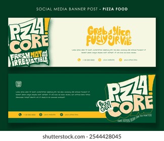 Landscape background in green white and yellow design for street food pizza campaign. Fast food advertising template