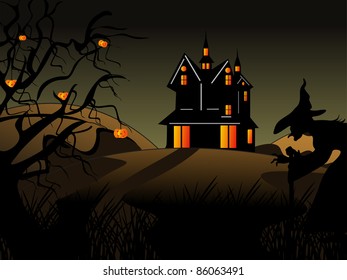 landscape background with haunted house, dry tree and witch concept vector for halloween