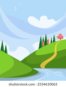 Fondo del paisaje con las colinas y los árboles