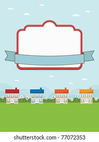 landscape background with houses, blank frame and ribbon ready for text