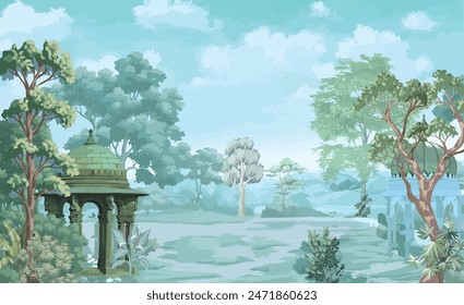 Landscape Background Illustration. Forest Garden Temple trees a nature landscape with beautiful scenery.