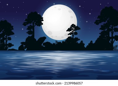Landscape Background Illustration Of A Full Moon Night At The Lake
