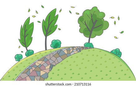 Landscape background illustration of a park or garden with trees, footpath grass and leafs gone with the wind